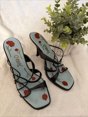 Carlos by Carlos Santana Black Strappy Heeled Sandals with Red Floral Insole